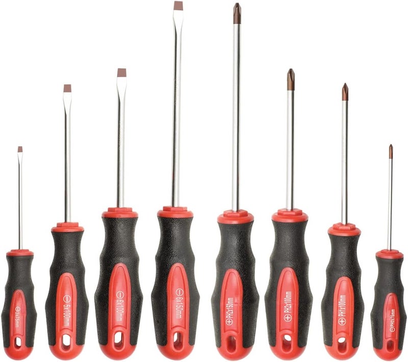 ROTATION 8-Piece Magnetic Screwdrivers Set with red tip, 4 Phillips and 4 Slotted Tips, Professional Cushion Grip Screwdriver Set with High Torque - Image 1